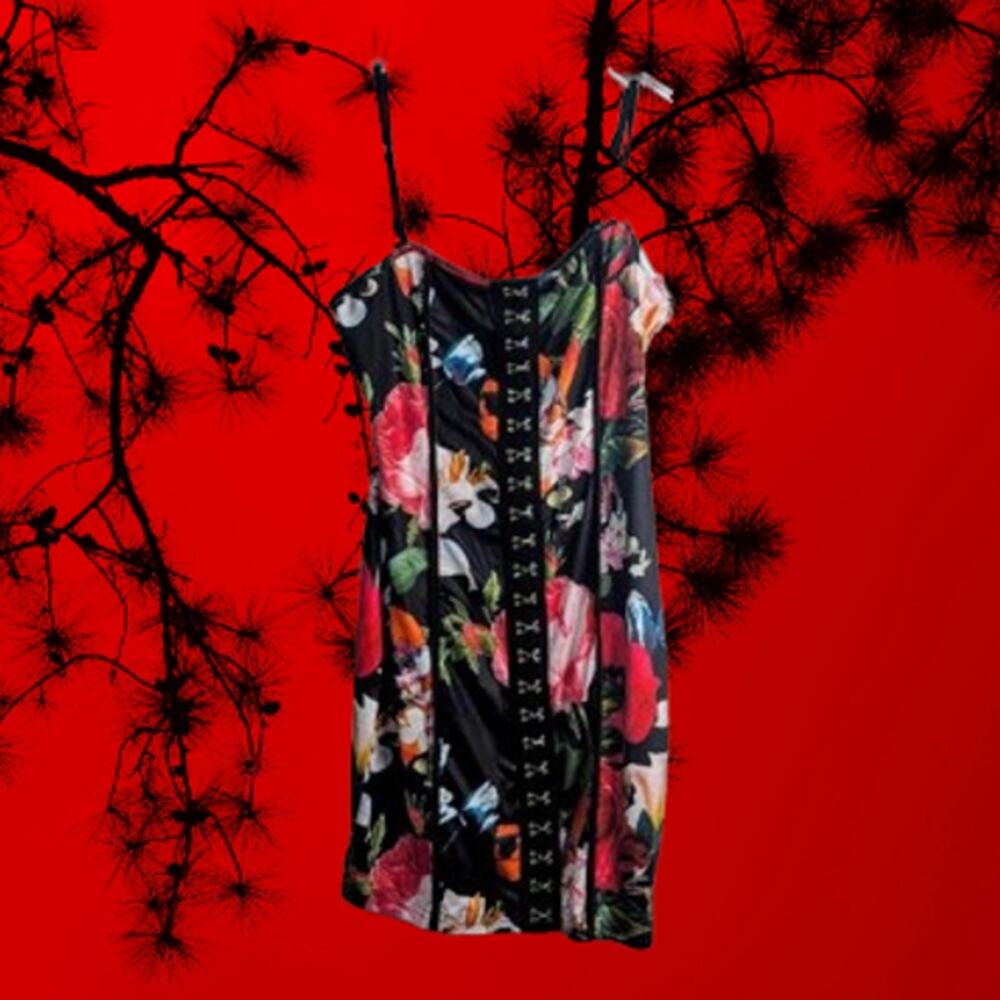 Shein sm spaghetti straps adjustable black floral polyester blend stretch dress